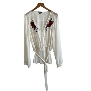Express White Cream Blouse With Embroidered Flowers